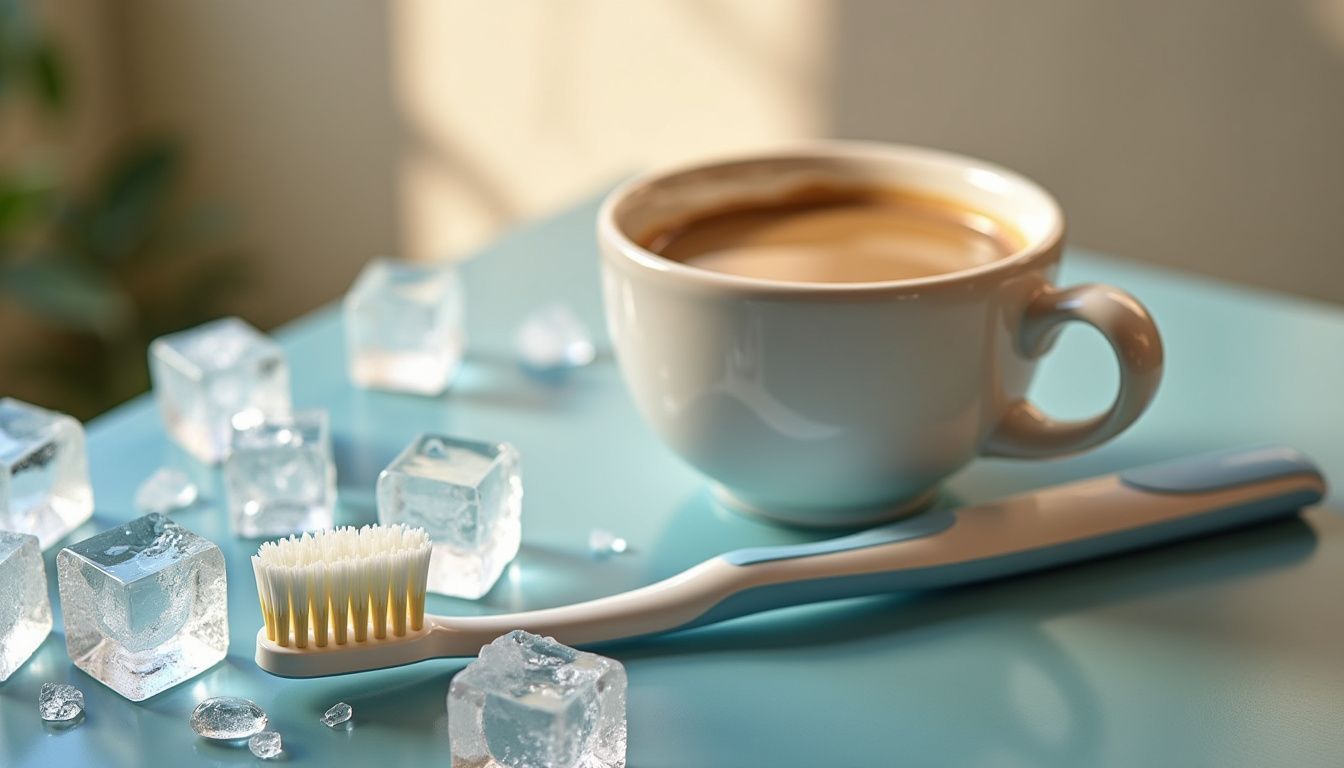 Ang larawan ay nagpapakita ng toothbrush sa gitna ng yelo at mainit na kape, nagpapahiwatig ng tooth sensitivity.