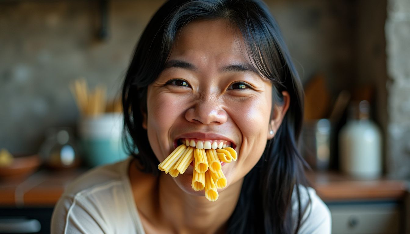 Isang babae na may ngiting kumpiyansa at may pasta sa ngipin.