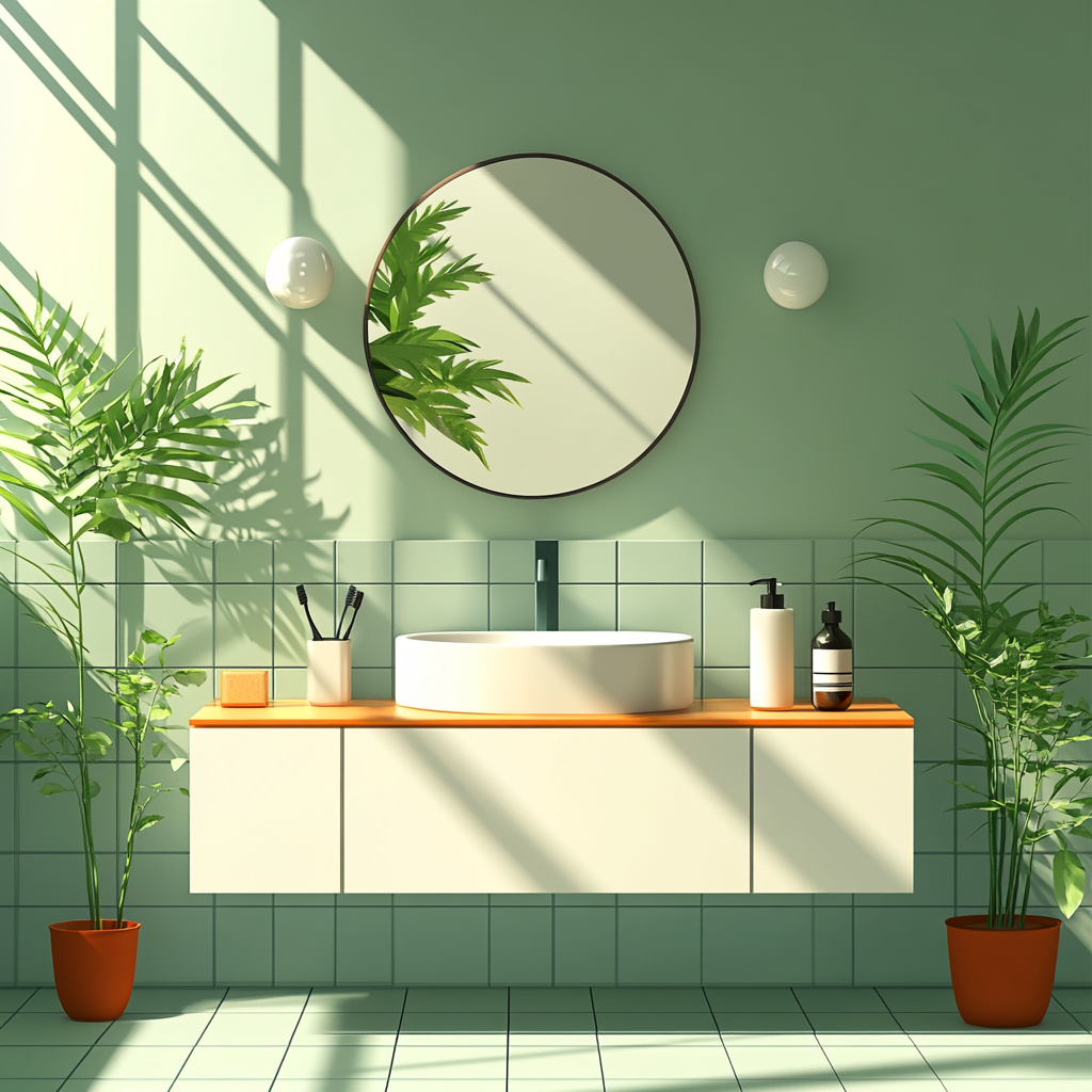 Minimalist na flat design ng mga mahahalagang gamit sa pangangalaga ng ngipin na eco-friendly sa isang simpleng banyo.