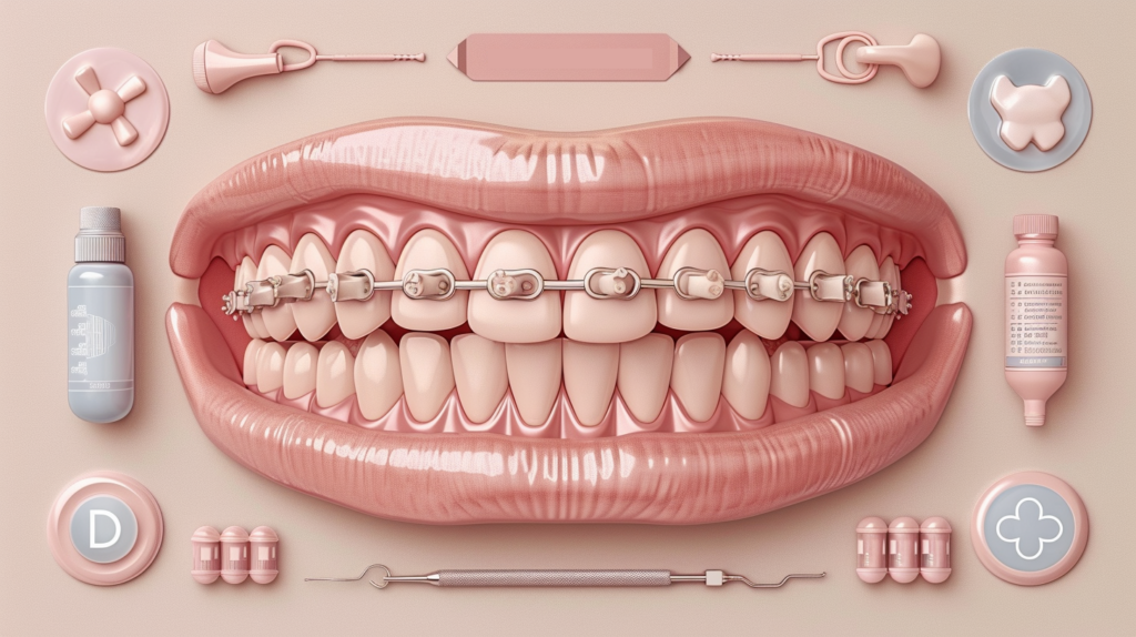 Paglalarawan ng pamamahala sa kaginhawahan habang may braces gamit ang flat design